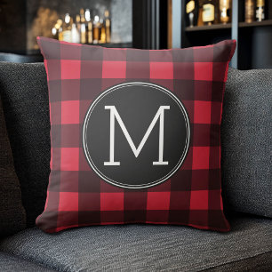 Coussin Monogramme de Motif de buffle rouge et noir rustiq