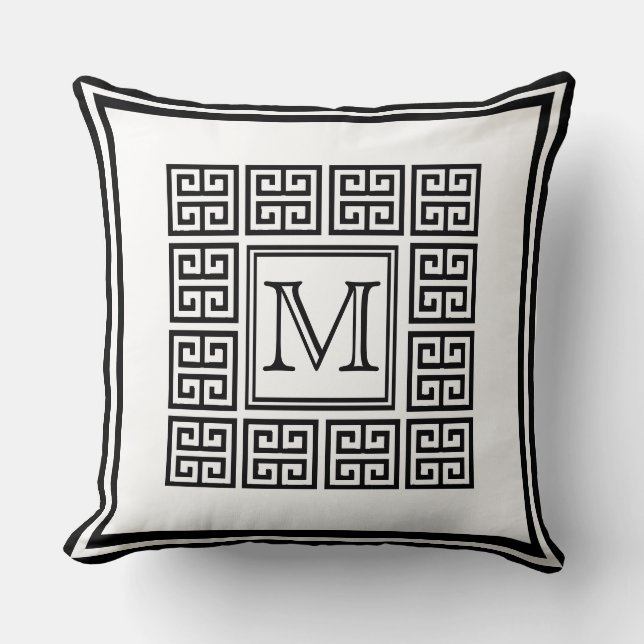 Coussin Monogramme de motif géométrique grec moderne à clé (Recto)