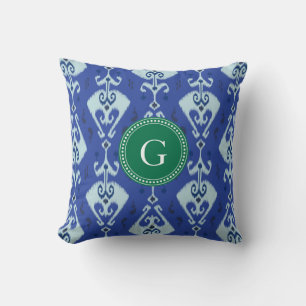 Coussin monogramme de motif tribal chic vert bleu ikat
