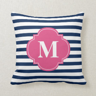 Coussin Monogramme de Navy Blue and Fuchsia Stripes