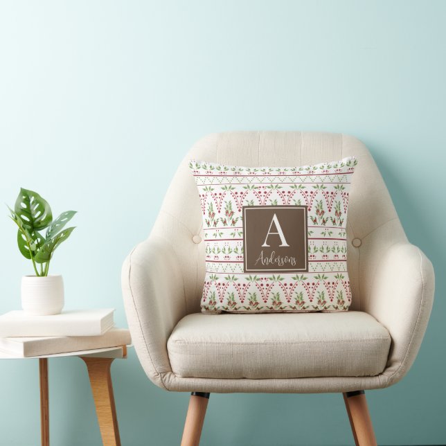 Coussin Monogramme de Noël Cônes de pin houx baies (Chaise)