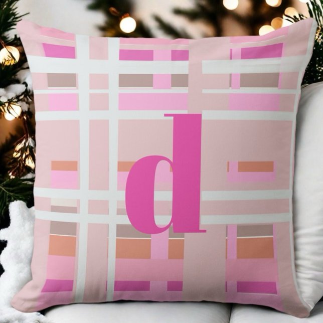 Coussin Monogramme de Noël rose plaid blanc orange (Créateur téléchargé)