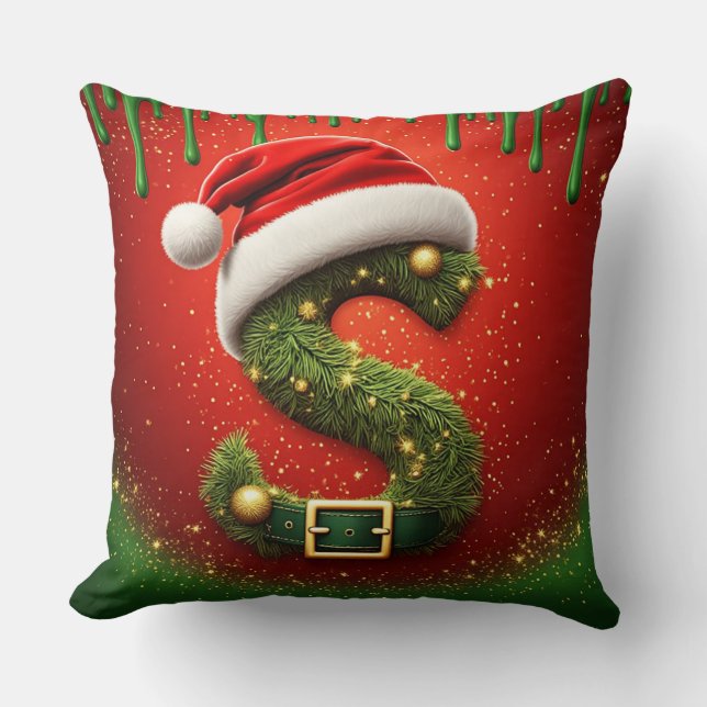 Coussin Monogramme de Noël S avec chapeau de Père Noël Cad (Recto)