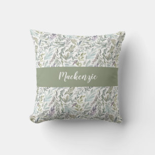 Coussin Monogramme de nom à l'aquarelle botanique bleu ver