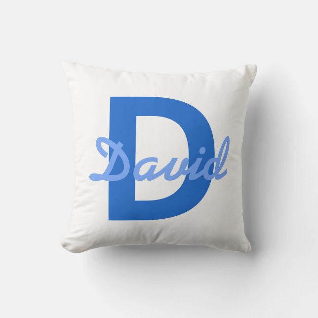 Coussin Monogramme de nom blanc bleu foncé et clair modifi (Recto)