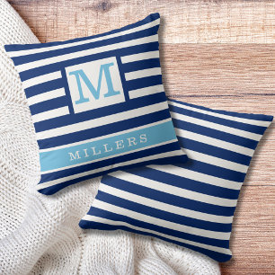 Coussin Monogramme de nom de famille rayures bleu marine n