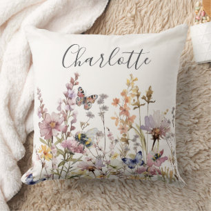 Coussin Monogramme de nom de fleur sauvage aquarelle