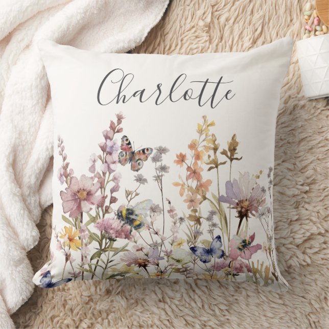 Coussin Monogramme de nom de fleur sauvage aquarelle  (Couverture)