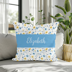 Coussin Monogramme de nom de fleur sauvage aquarelle bleue