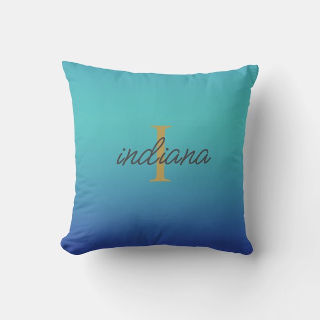 Coussin Monogramme de nom de script moderne ombré turquois (Recto)
