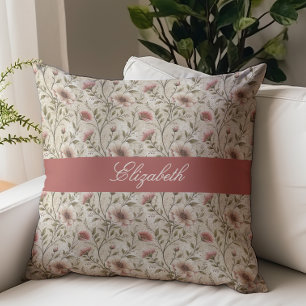 Coussin Monogramme de nom de style floral vintage en beige