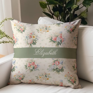 Coussin Monogramme de nom de style script floral de campag