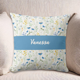 Coussin Monogramme de nom Fleur sauvage aquarelle bleue