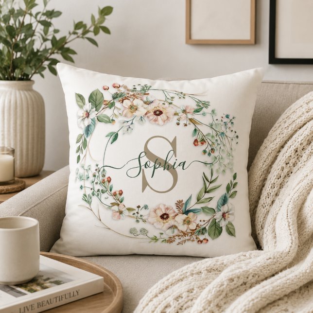 Coussin Monogramme de nom floral personnalisé élégant (Créateur téléchargé)