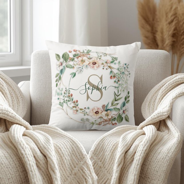 Coussin Monogramme de nom floral personnalisé élégant (Créateur téléchargé)