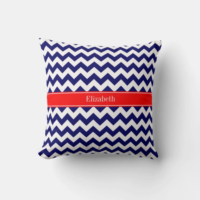 Coussin Monogramme de nom rouge en chevron zig zag bleu ma (Recto)