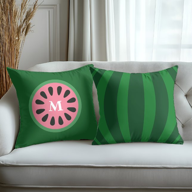 Coussin Monogramme de pastèque verte rose mignonne (Créateur téléchargé)