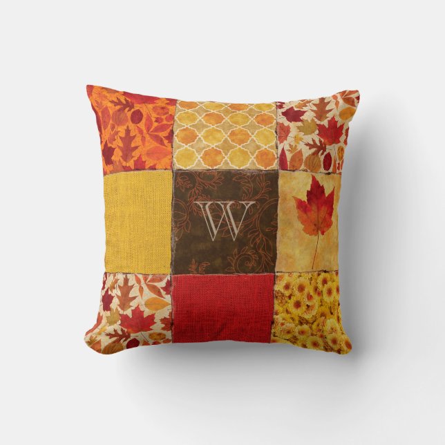 Coussin Monogramme de patchwork d'automne (Recto)