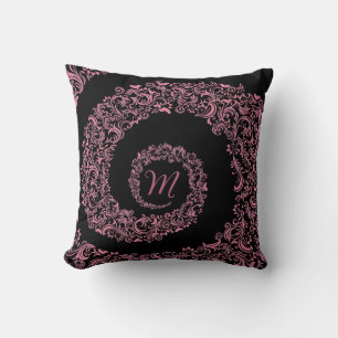 Coussin Monogramme de pêche et de Damas noir