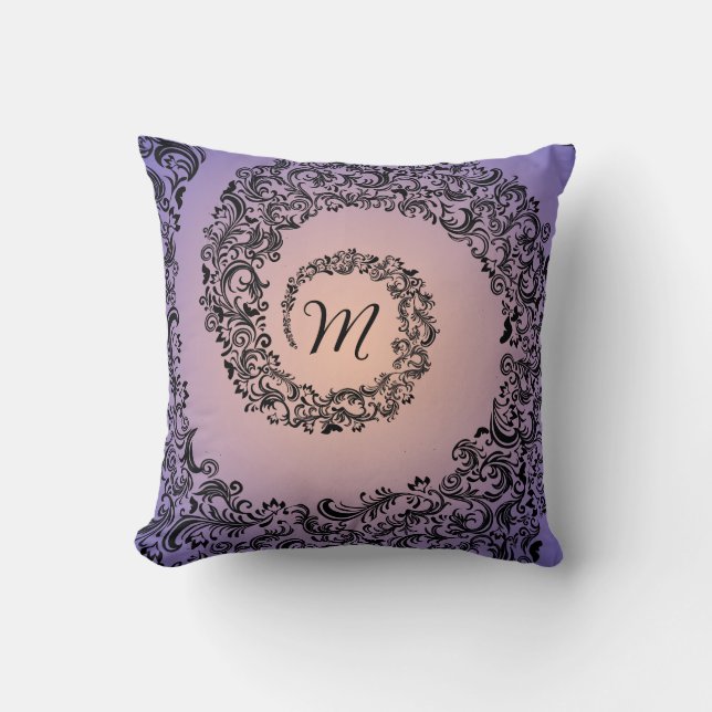 Coussin Monogramme de pêche et de damas violet (Recto)