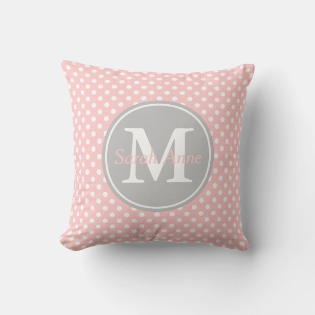 Coussin Monogramme de point de polka de gris de roses (Recto)