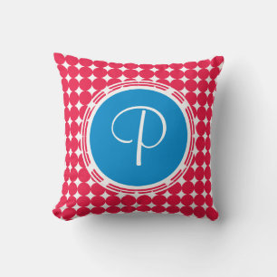 Coussin Monogramme de point Polka bleu et rouge