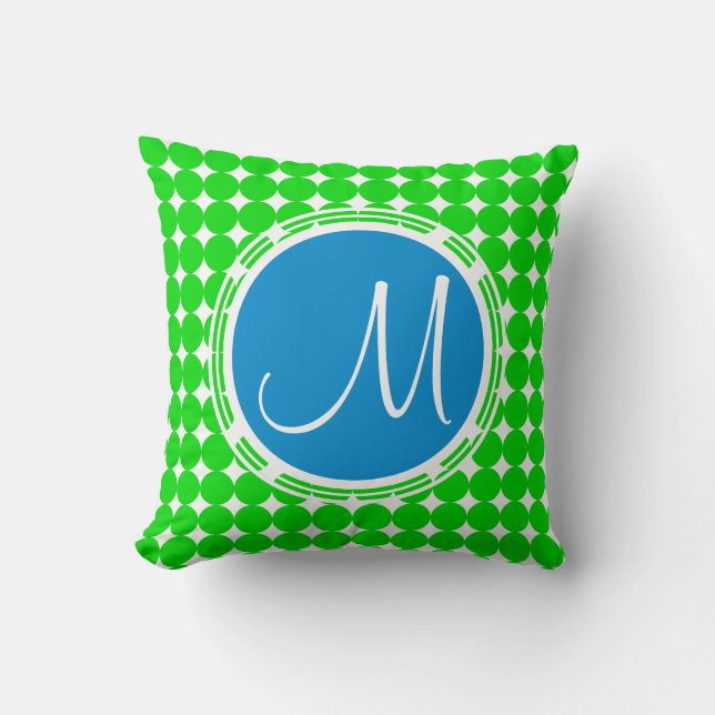 Coussin Monogramme de point Polka bleu et vert (Recto)