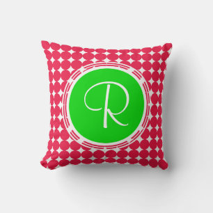 Coussin Monogramme de point Polka vert et rouge