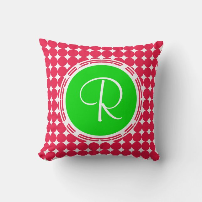 Coussin Monogramme de point Polka vert et rouge (Recto)