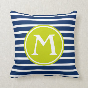 Coussin Monogramme de rayure de bleu marine et de vert de