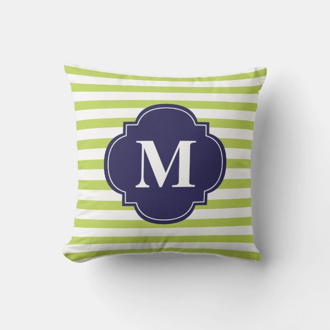 Coussin Monogramme de rayures bleues Kiwi Green et Navy (Recto)