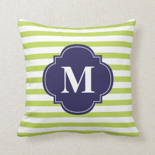 Coussin Monogramme de rayures bleues Kiwi Green et Navy