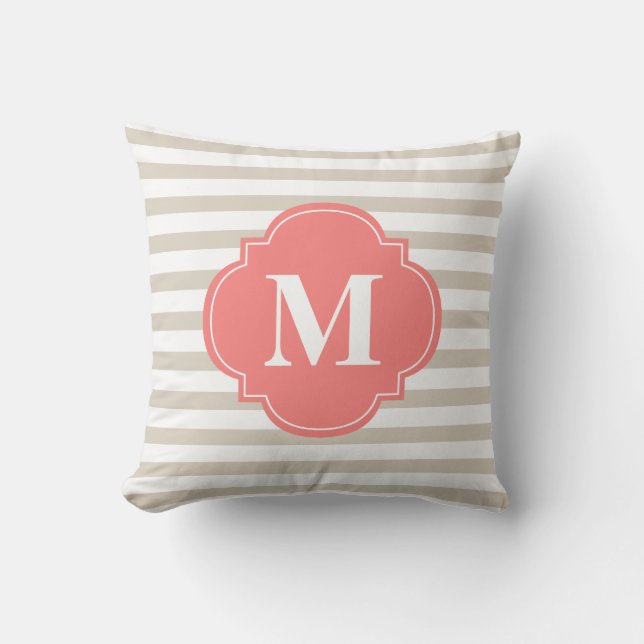 Coussin Monogramme de rayures de beige et de corail (Recto)