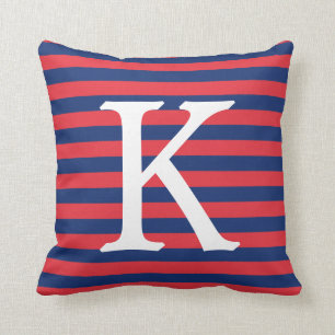Coussin Monogramme de rayures de bleu marine et de rouge