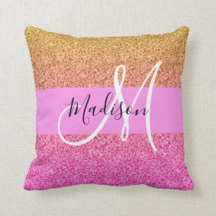 Coussin Monogramme de reflet rose et or Parties scintillan