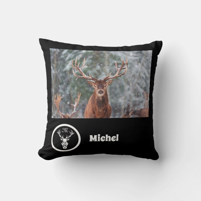 Coussin Monogramme de rennes de neige Nom photo (Recto)