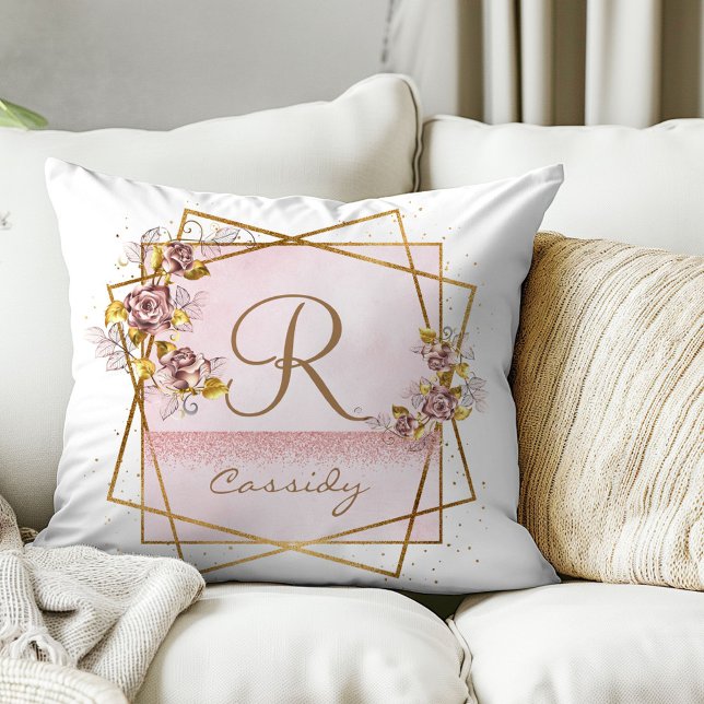Coussin Monogramme de rose pailleté or rose élégant (Créateur téléchargé)