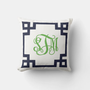 Coussin Monogramme de script clé marine et grecque verte -