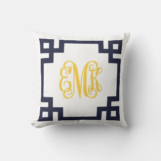 Coussin Monogramme de script clé marine et jaune grec