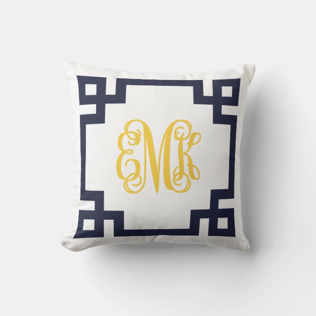 Coussin Monogramme de script clé marine et jaune grec (Recto)