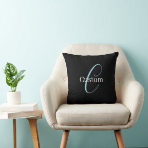 Coussin Monogramme de script cursif éditable Noir Bleu Bla