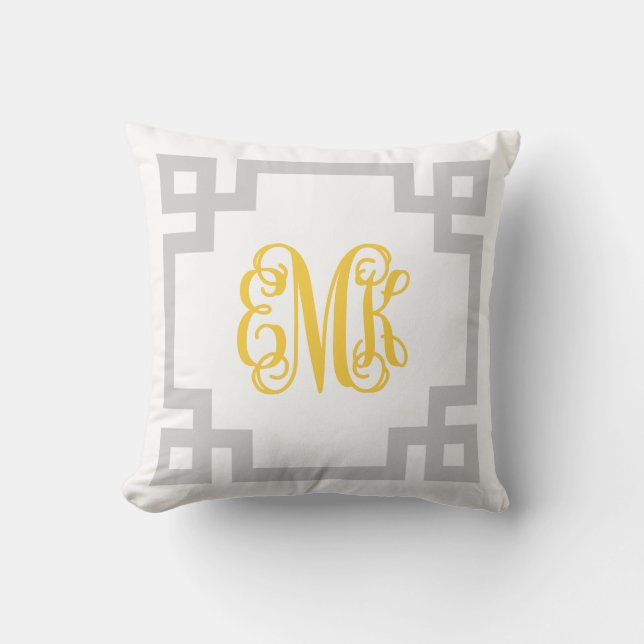 Coussin Monogramme de script de clé grecque gris et jaune (Recto)