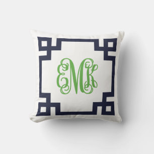 Coussin Monogramme de script de clé grecque marine et vert