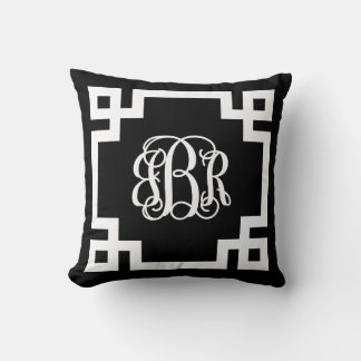Coussin Monogramme de script de clé grecque noire et blanc