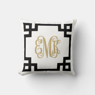 Coussin Monogramme de script de clé grecque noire et or