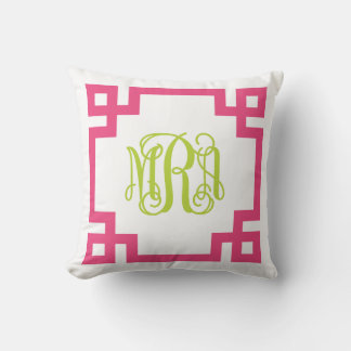 Coussin Monogramme de script de clé grecque rose et verte