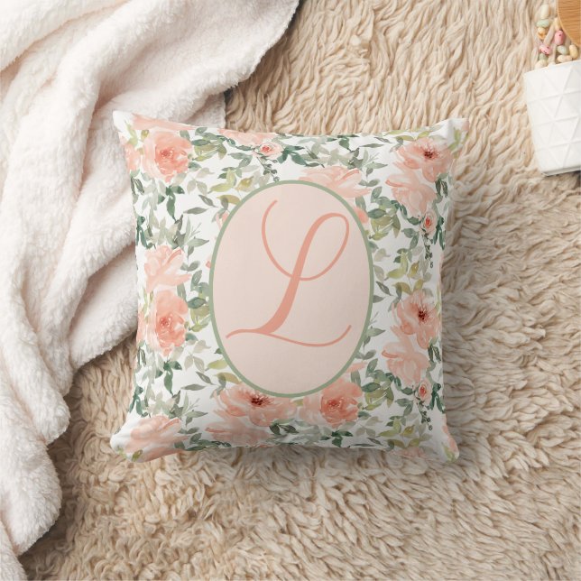 Coussin Monogramme de script de corail floral (Couverture)
