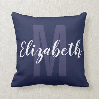 Coussin Monogramme de script de la main blanche bleue simp