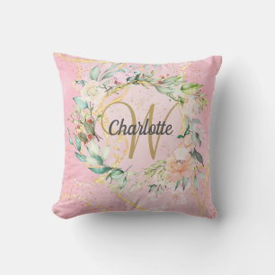 Coussin Monogramme de script doré Fleur rose Géode Agate