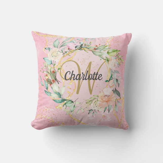 Coussin Monogramme de script doré Fleur rose Géode Agate (Recto)